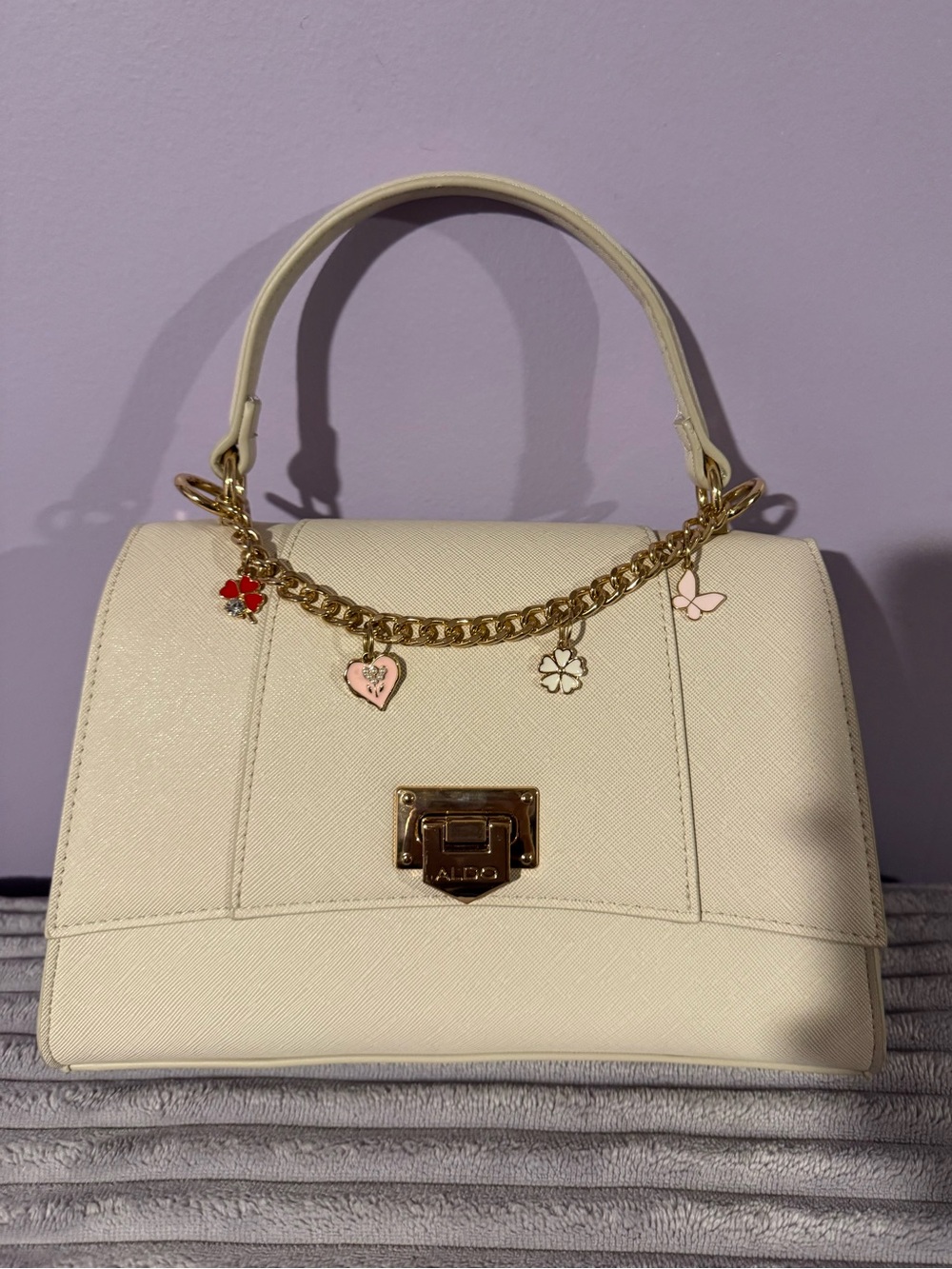 ALDO Cream Top-Handle Purse with Gold Charm Chain
